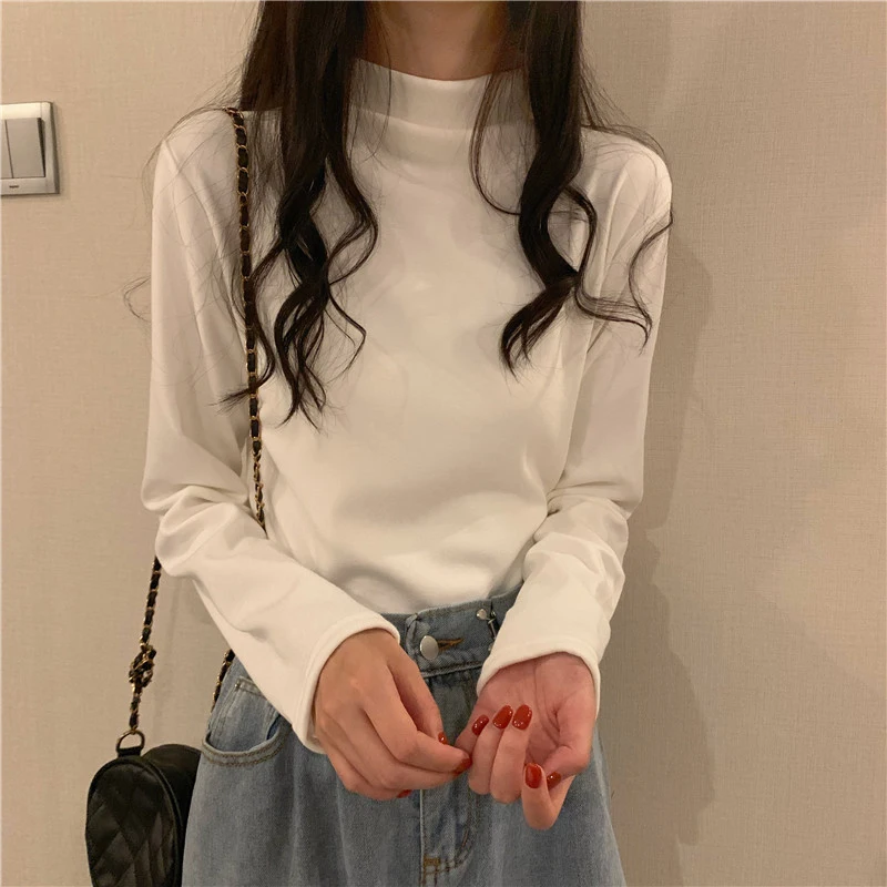 سليم صالح طويل Sve عالية Ne تي شيرت المرأة رقيقة Sle 2023 الخريف الشتاء جديد بسيط لون نقي قاعدة irt فام #2