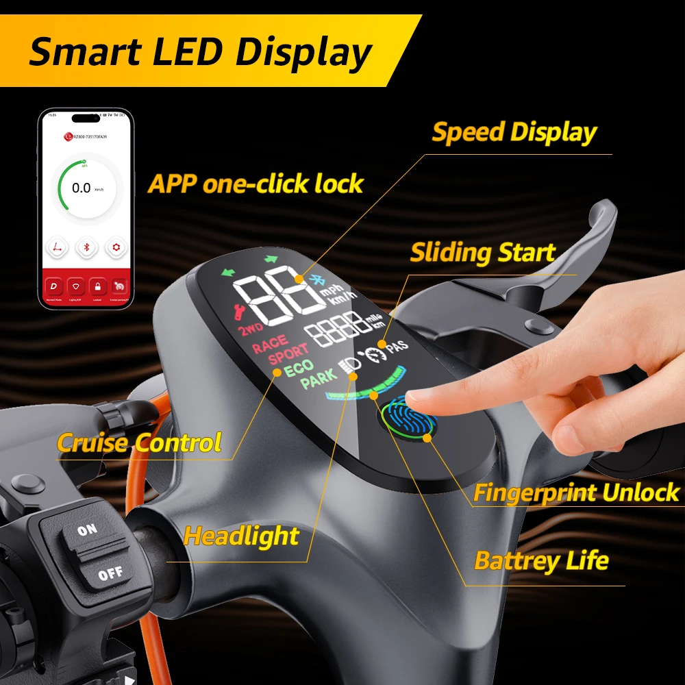 RZ800 Peak 1600w 48v 15.6ah Electric Scooter Fingerprint Unlock Mobile Software Connectable Mobile Phone Bluetooth Escooter