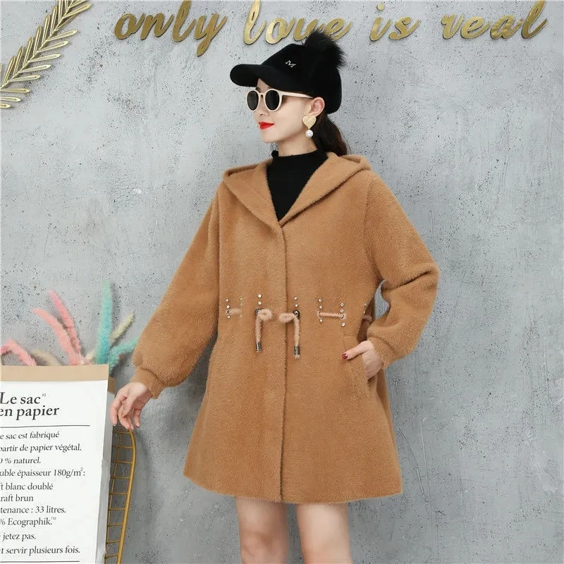 6XL Large Size Middle-aged Mother Imitation Mink Velvet Coat Loose Fashion Hooded Knitted Cardigan Women Long Sweater Overcoat