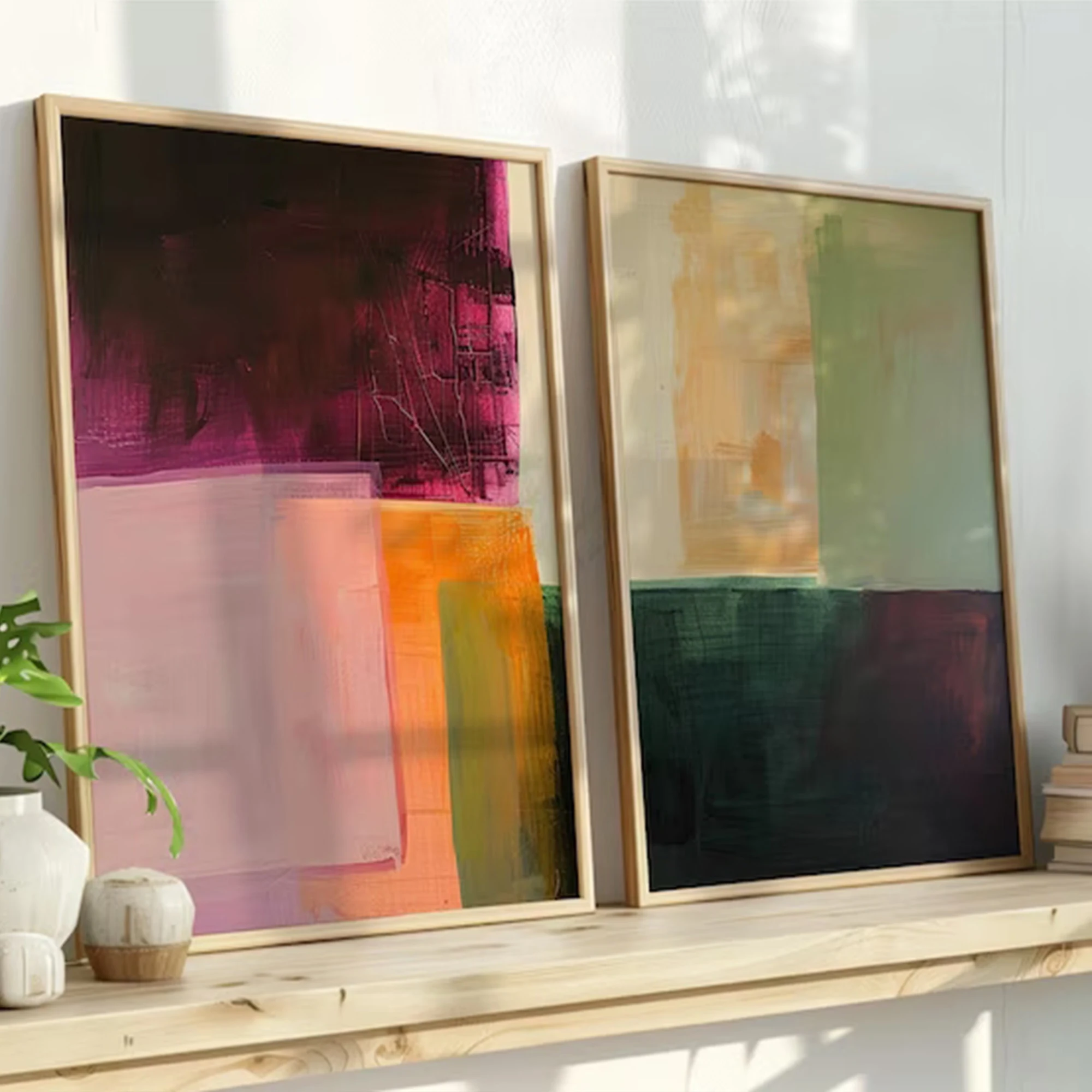2pcs Retro Orange & Green Color Block Shapes Wall Art Print Canvas Painting Poster Picture For Living Room,Bedroom Home Decor