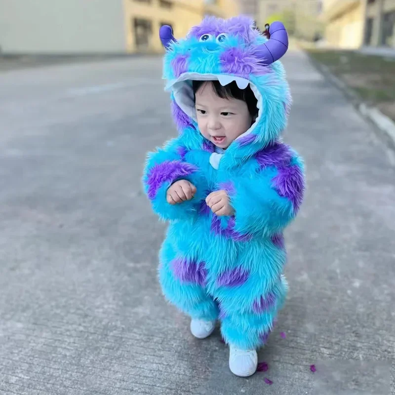 Fluffy Sully Monster Costume Kids Funny Outfit Blue Animal Cosplay Baby Boy Girl Winter Clothes Warm Romper Halloween Cow Suit