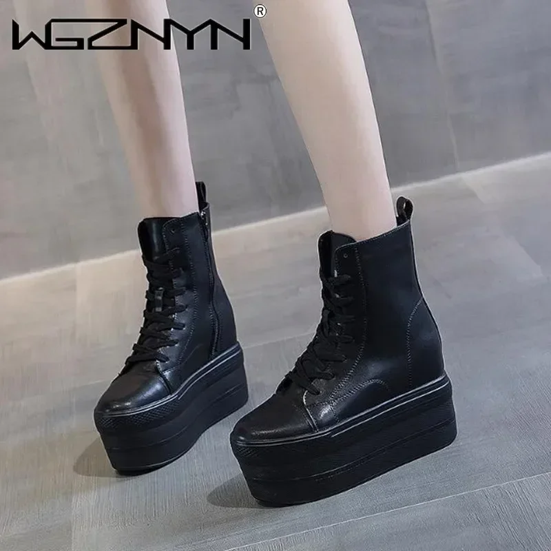 

Luxury Genuine Leather 10cm Super Thick Sole Platform Wedge Hidden Heel Boots Shoes Zipper Winter Boots Ankle Warm Booties 2025