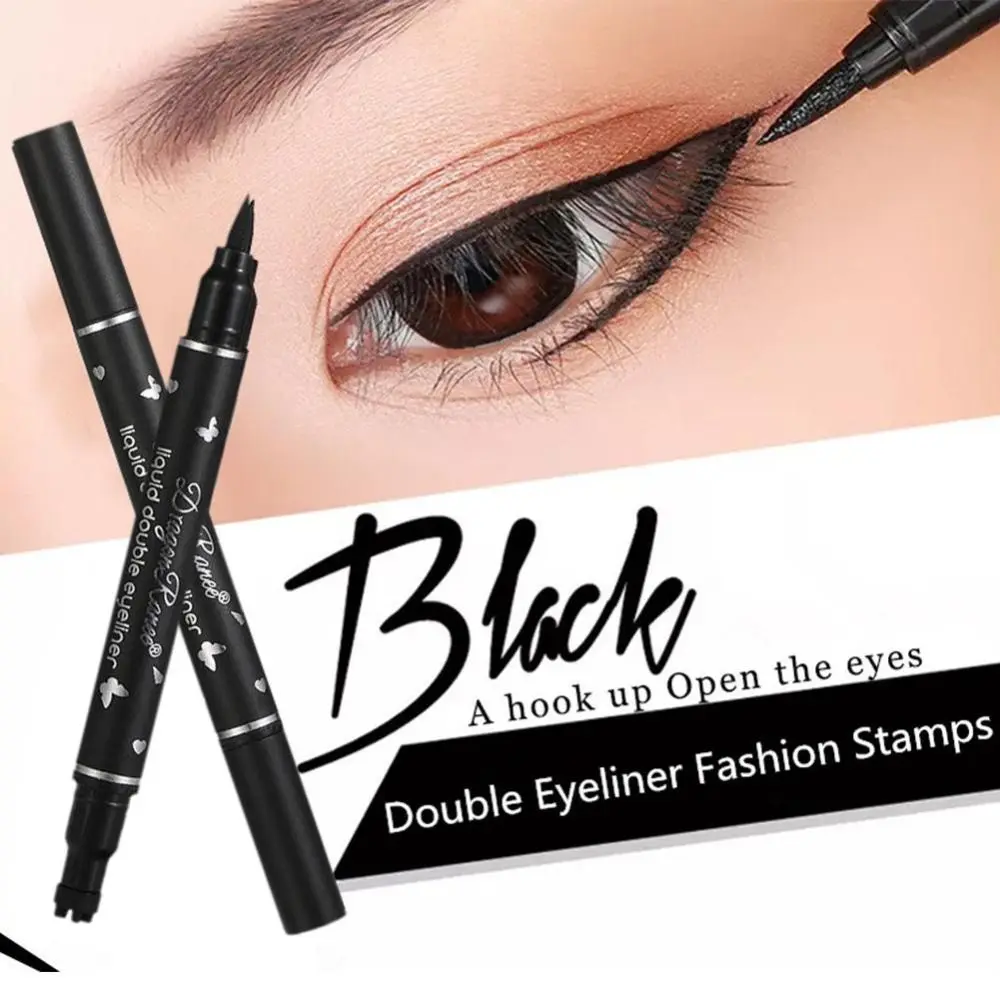 Double Head Winged Eyeliner Stamp, Lua Nova Waterproof Eye Liner Pencil, Caneta Líquida, Maquiagem Kit de Ferramentas, Estrela, Coração, 2pcs