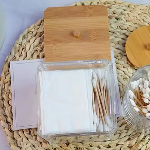 Cotton Swab Storage Box Acrylic Bamboo Multipurpose Organizer Cotton Pad Holder Small Desktop Storage Box