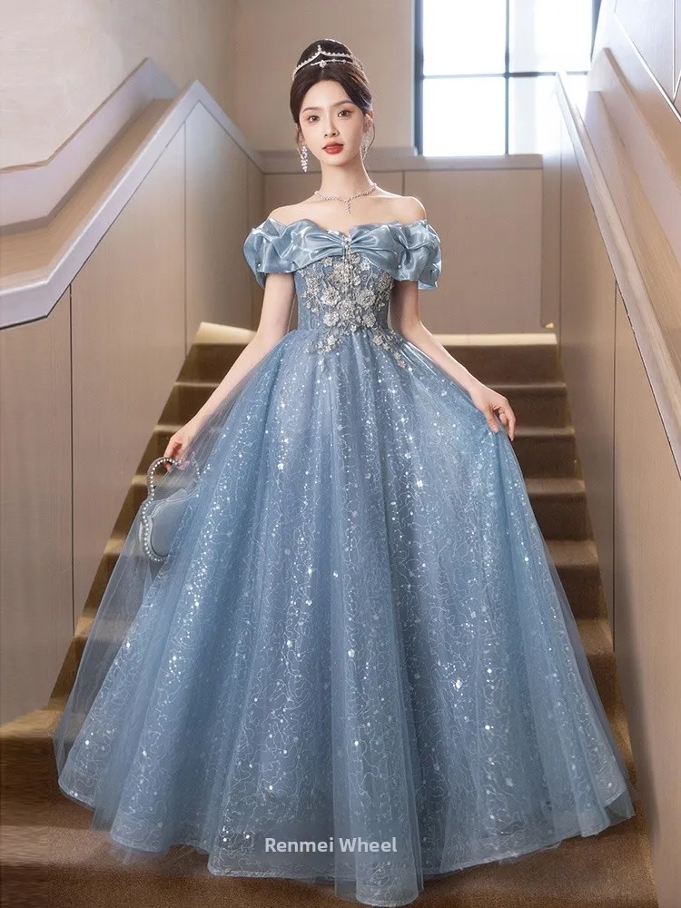 

Синее вечернее платье на одно плечо с бисером, длинной юбкой и завышенной талией для женщин, для мероприятий и торжеств