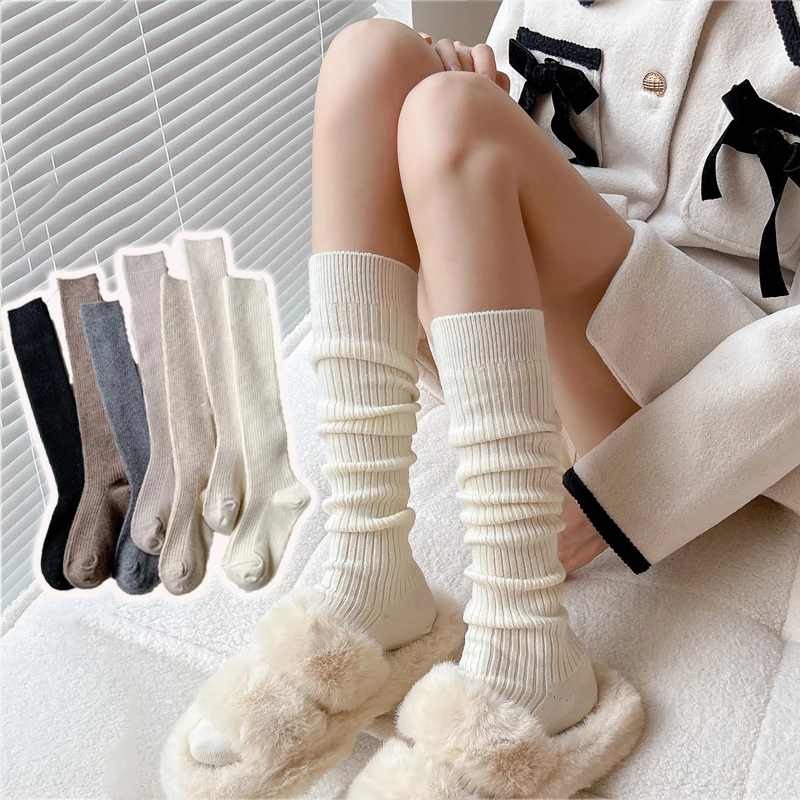 Women Long Socks Cashmere Women Boot Solid Wool Thigh Stocking Skinny Casual Cotton Over Knee-High Fluffy Female Long Knee Sock