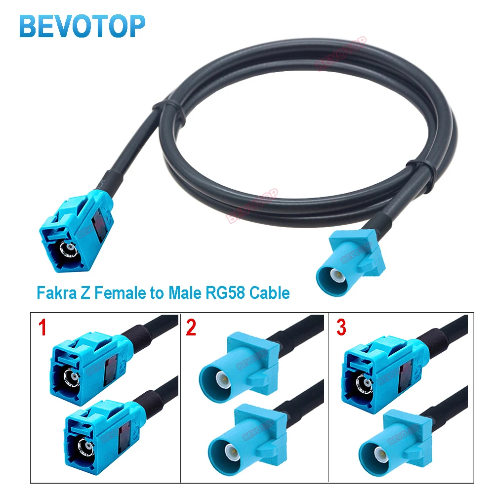 1PCS BEVOTOP Universal Fakra Z RG58 Cable Water Blue 50 Ohm Jumper Wire Harness Auto Cable M/M F/F M/F Connector for Automotive