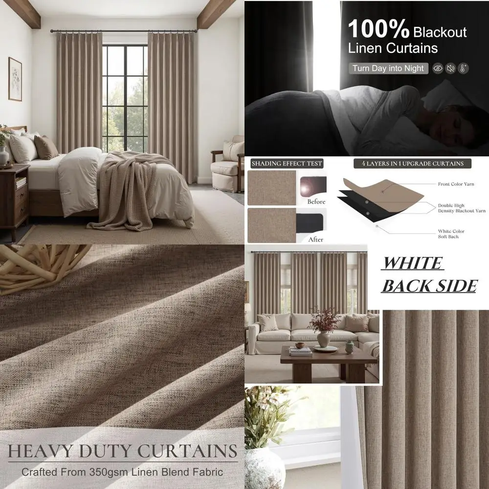 

Thermal Insulated 92 Blackout Curtains for Living Room - Country Style Linen Drapes with Pinch Pleat, Chocolate Dark Flax, Set o