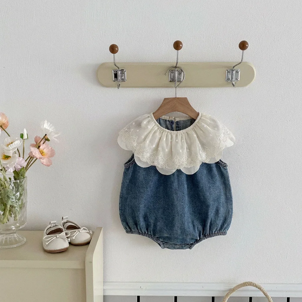 2026 Summer New Baby Girl Sleeveless Denim Bodysuit Infant Girls Cute Lace Ruffle Collar Jumpsuit Sweet Princess Clothes 0-24M
