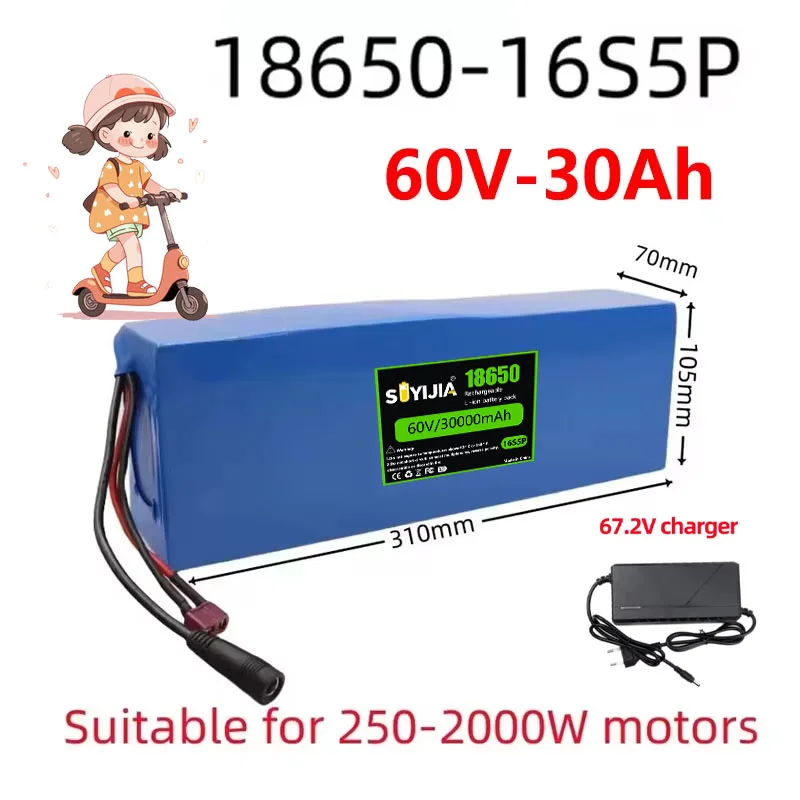 60V 30Ah 16S5P Lithium Battery Pack 2000W High-Power with Built-In BMS for Motorcycle Scooter Bicycle Motor Replacement