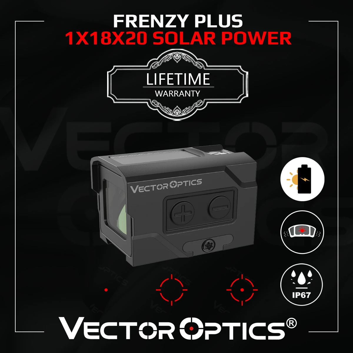 

Vector Optics Frenzy Plus 1x18x20 Enclosed Sight Solar Power Red Dot Scope Multi-Reticle Design For Glock Taurus Pistol AR15