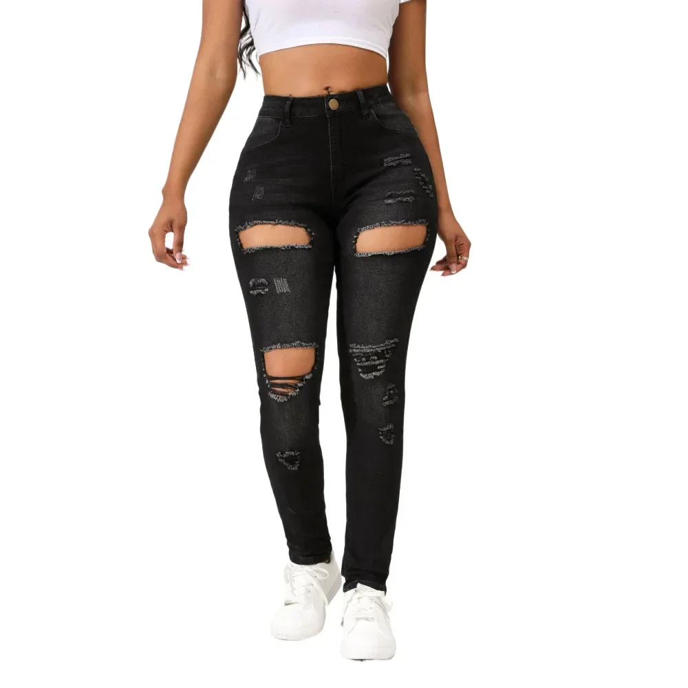 

Women Jeans Denim Pockets Holes Pencil Pants High Waist Sexy Skinny Streetwear Solid Ankle Length Spliced Distressed Washing