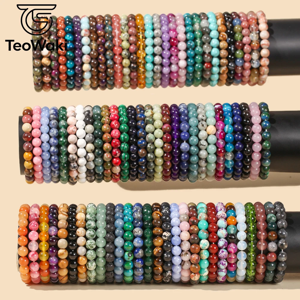 TeoWaki Polished Round Natural Stone Beads Elastic Bracelet Multiple Color Options Best Daily Fashion Jewelry Holiday Gift 19cm