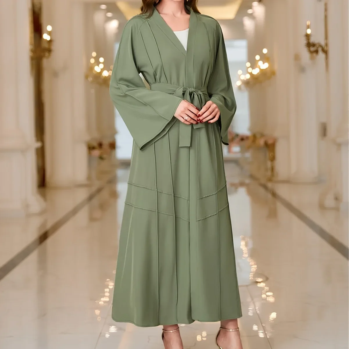 Ramadan Muslim Cardigan Ladies Robe Abaya Solid Color Waist Design Loose and Comfortable Long Skirt Jalabiya for Women