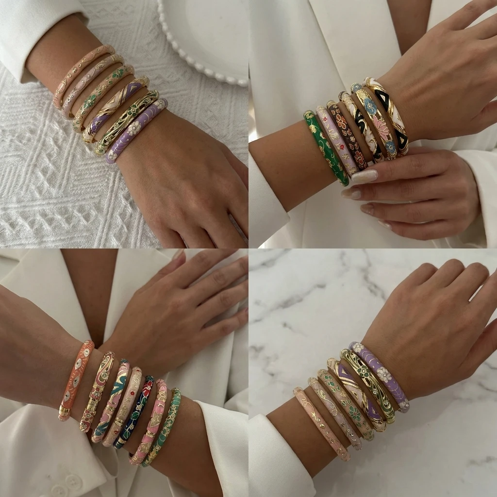 Vintage Pastel Floral Enamel Bangle for Women Elegant Gold Plated Cloisonné Inspired Stacking Bracelet Trendsetters Jewelry