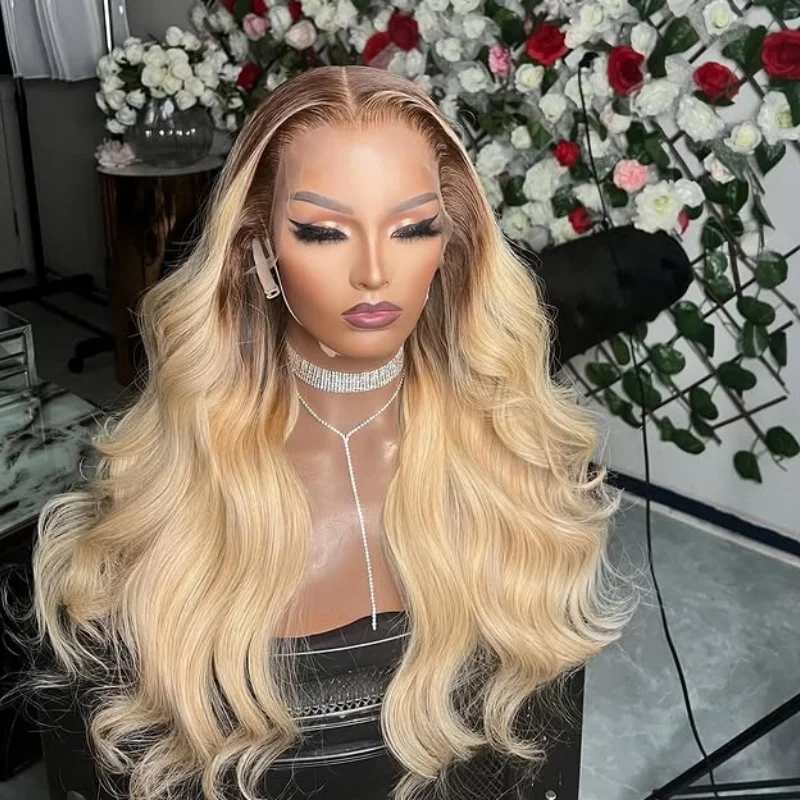 Transparent Lace Frontal Wigs Ombre Blonde Body Wave Heat Resistant Synthetic Wig For Women Pre Plucked Realistic Look Wear&Go