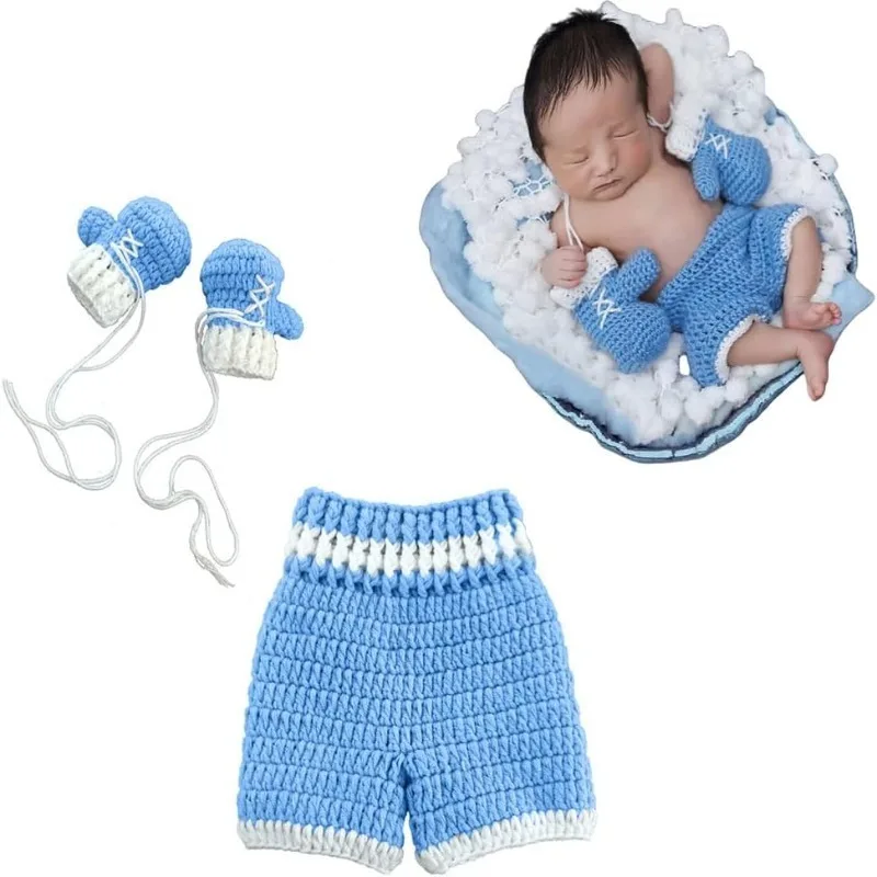 Newborn Baby Boxing Photo Prop Set - Pink Crochet Outfit with Gloves & Pants for Girls, Champion Knit Costume Photoshoot,Shower