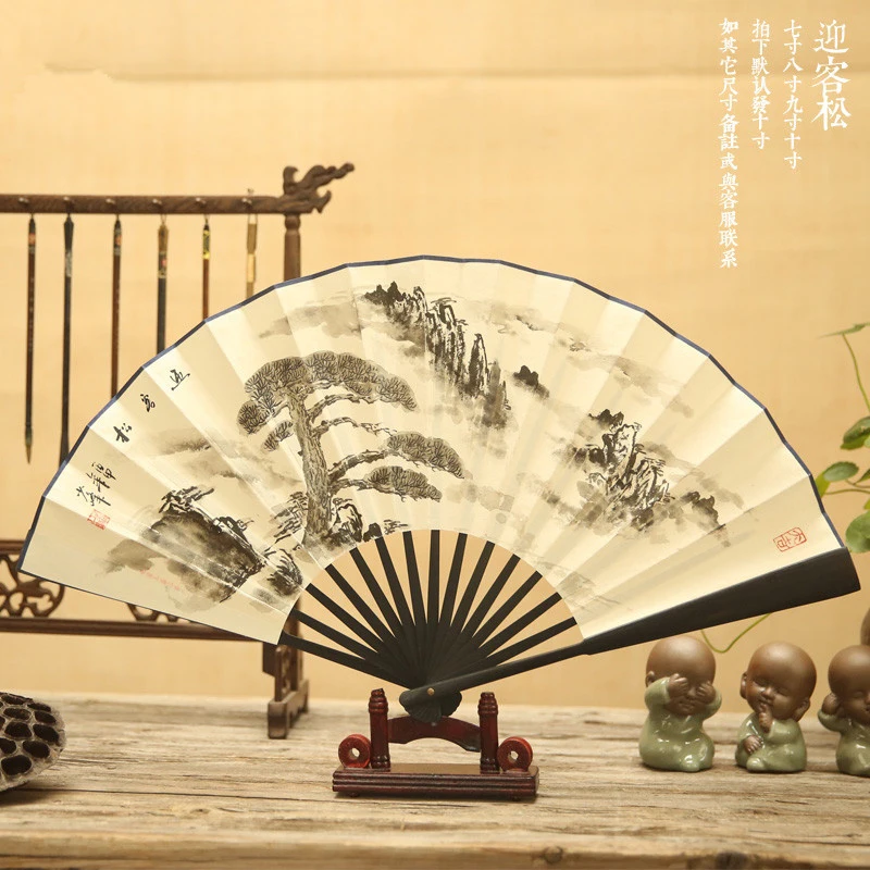 

Chinese men's big folding fan Handmade bamboo and wood landscape painting folding fan Outdoor decorationWedding decoration gift