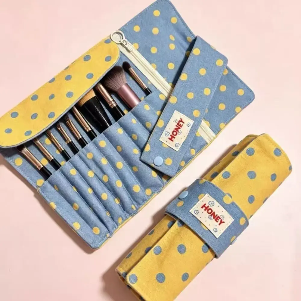 Stylish Polka Dot Makeup Storage Bag 10 Slots Large Capacity Makeup Brush Bag Canvas Portable Makeup Tool Bag Multipurpose
