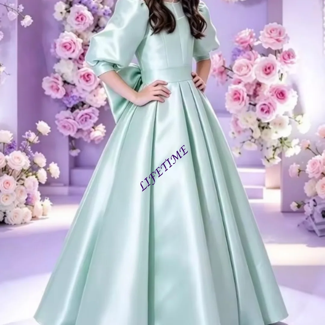 Customized Elegant Princess Pleated Satin Flower Girl Dress for Wedding Kids Balloon Sleeves First Communion Dress With Bow Sash