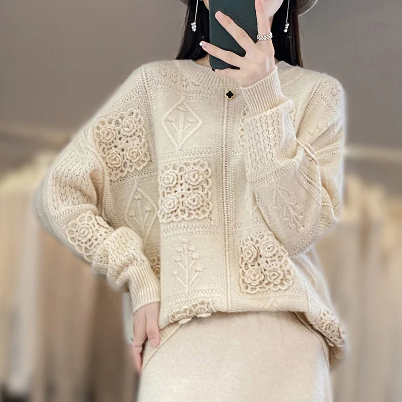 Autumn and winter new 100% sweater women\'s round neck hook openwork sweater loose leisure trend heavy industry sweater