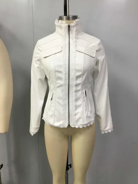 White Faux Leather Lace Trim Jacket Women Zipper Front Cropped Slim Fit Vintage Boho Motorcycle Short Coat Long Sleeve Outerwear