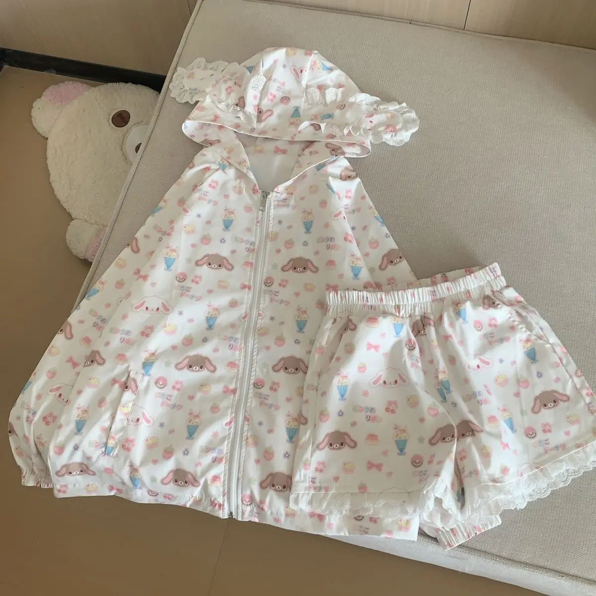 กระต่ายน่ารักหูแขนยาวสตรอเบอร์รี่กระต่ายพิมพ์ซิปHoodie + ขอบลูกไม้เอวยางยืดสั้น 2 ชิ้นชุดผู้หญิงY2kชุด