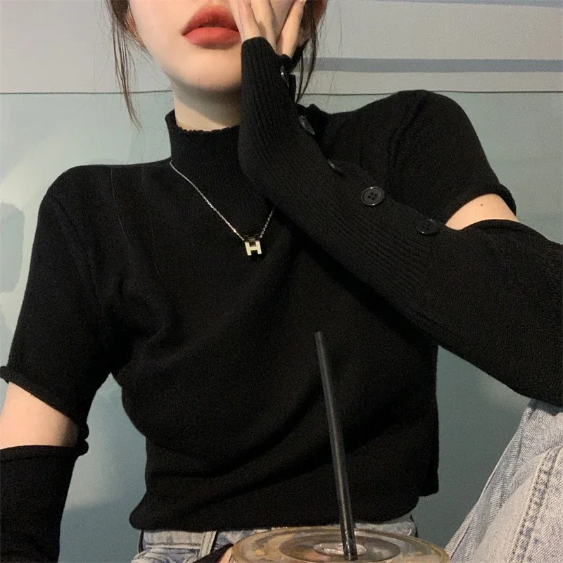 

Pullovers Woman Spliced Fashion Solid Half High Collar Casual Office Ladies Slim All-match Streetwear Korean Style Simple Autumn