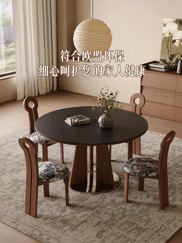 

01 yj19 Nordic Solid Wood Rock Slab Dining Table for Home Use, Small Apartment Wabi-Sabi Style, Vintage Round Dining Table