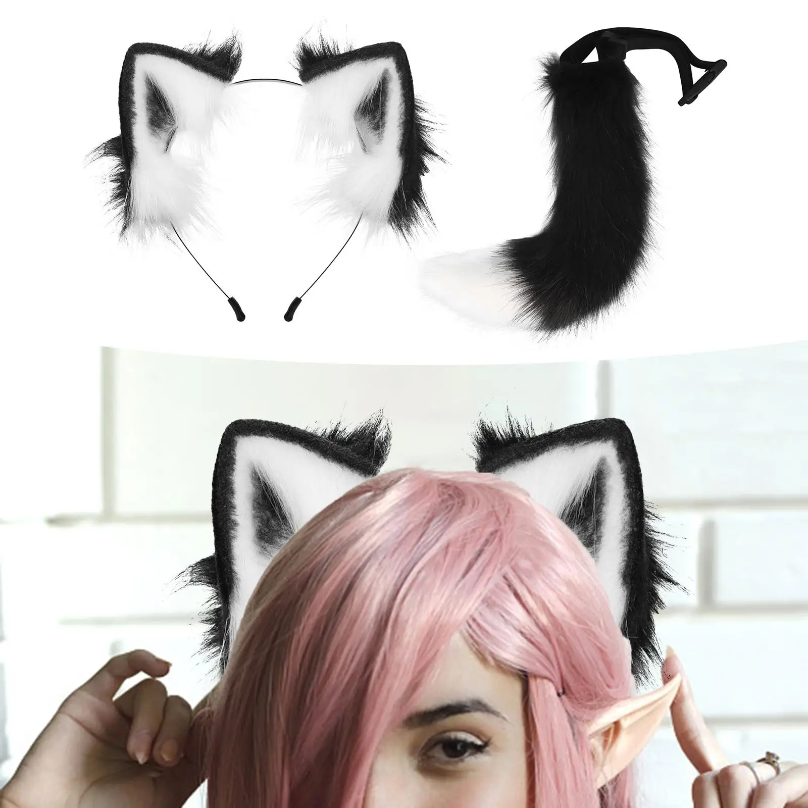 Costume Animal Ears Hair Hoop with Tail Set for Halloween Party Cosplay Adult Child Unisex
