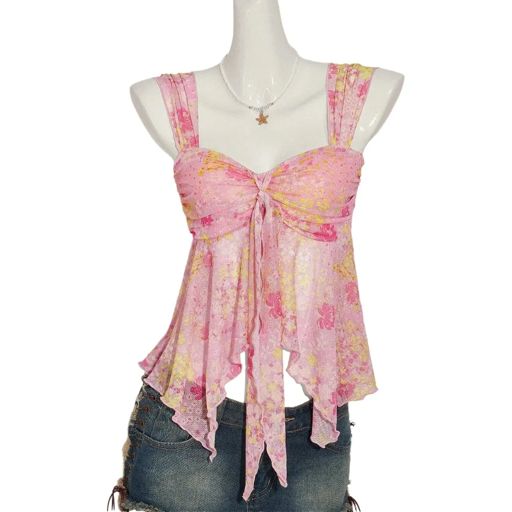 Sweet V-neck Halter Cami Top Asymmetrical Hem Sheer Overlay Tank Tops Bodycon Fit Printed Mesh Crop Tops Women's Fashion