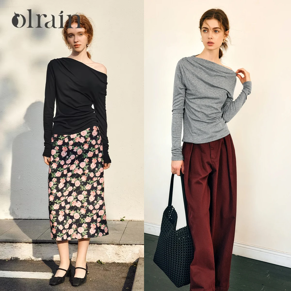 

OLrain Classic Solid Slash Neck T-shirt Women 2025 Spring French Style Knitted Irregular Shirring Long Sleeve Tops M57CT96063