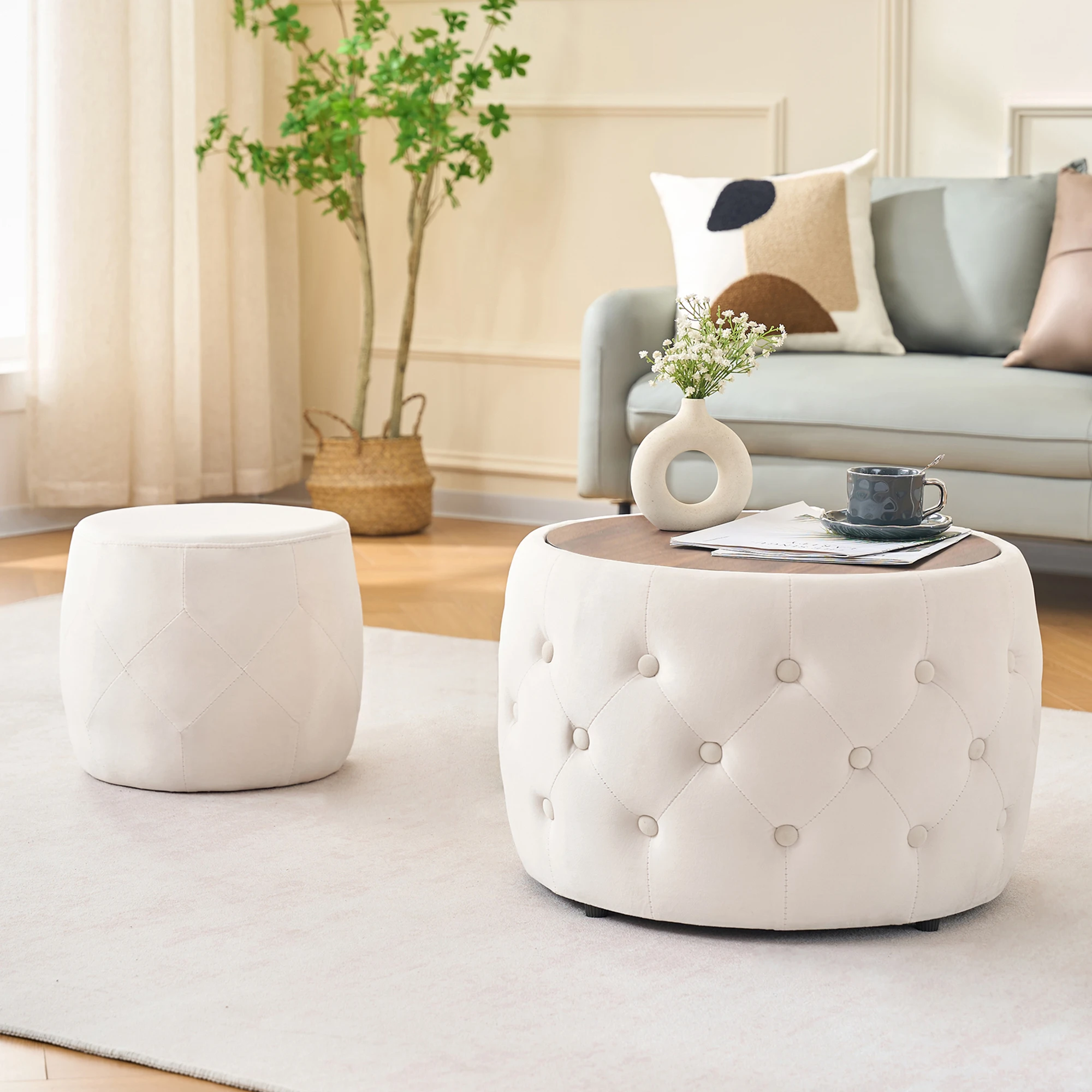 2-Piece Luxurious Velvet Nesting Round Ottomans, 4-in-1 Multifunctional Storage Footrest Stool Equipped with Wooden Serving Tray, Tool-Free Setup, No Assembly Needed