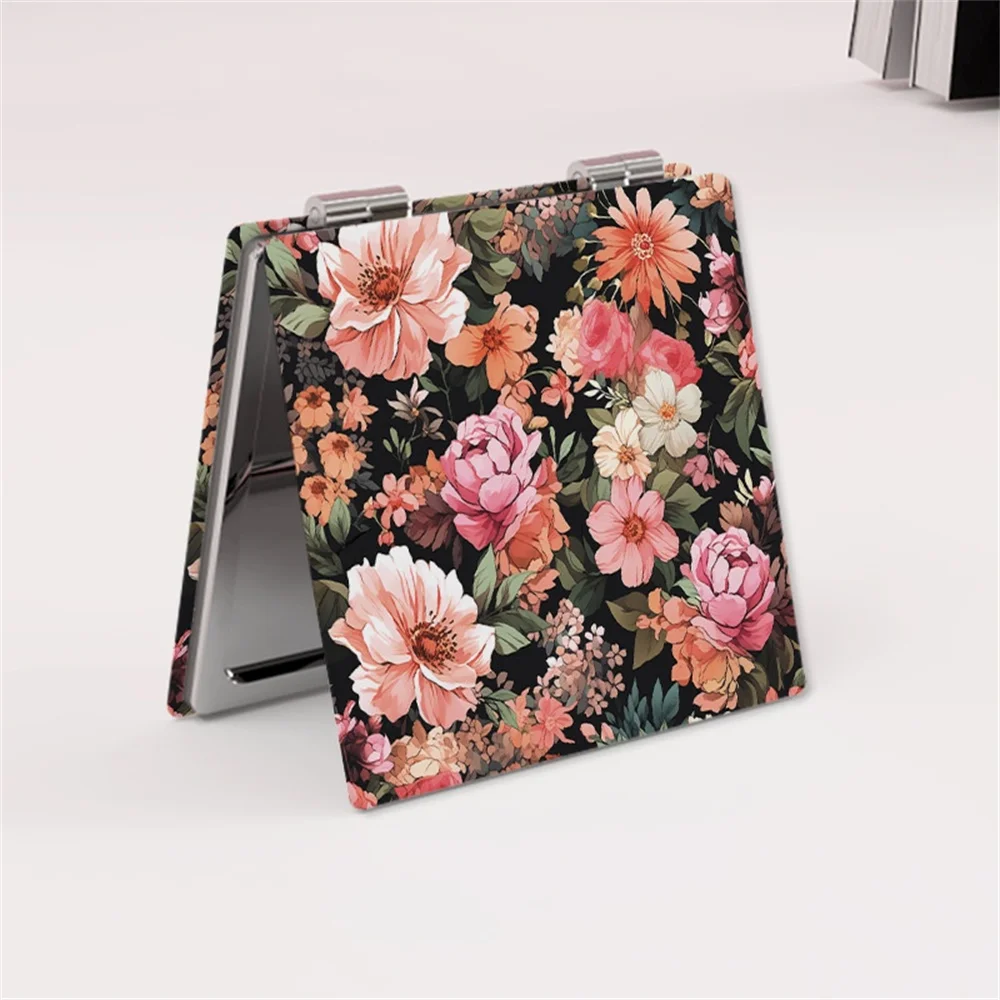 Flower Printing Makeup Mirror PU Leather Foldable Cosmetic Mirror Portable Mini Double-Sided Mirrors Women Pocket Makeup Tools