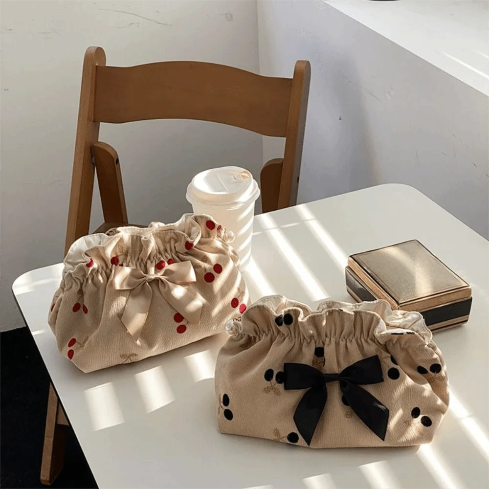 

High-capacity Soft Corduroy Makeup Bag Cherry Print Portable Cosmetic Cases Large Capacity Travel Storage Bags for Women