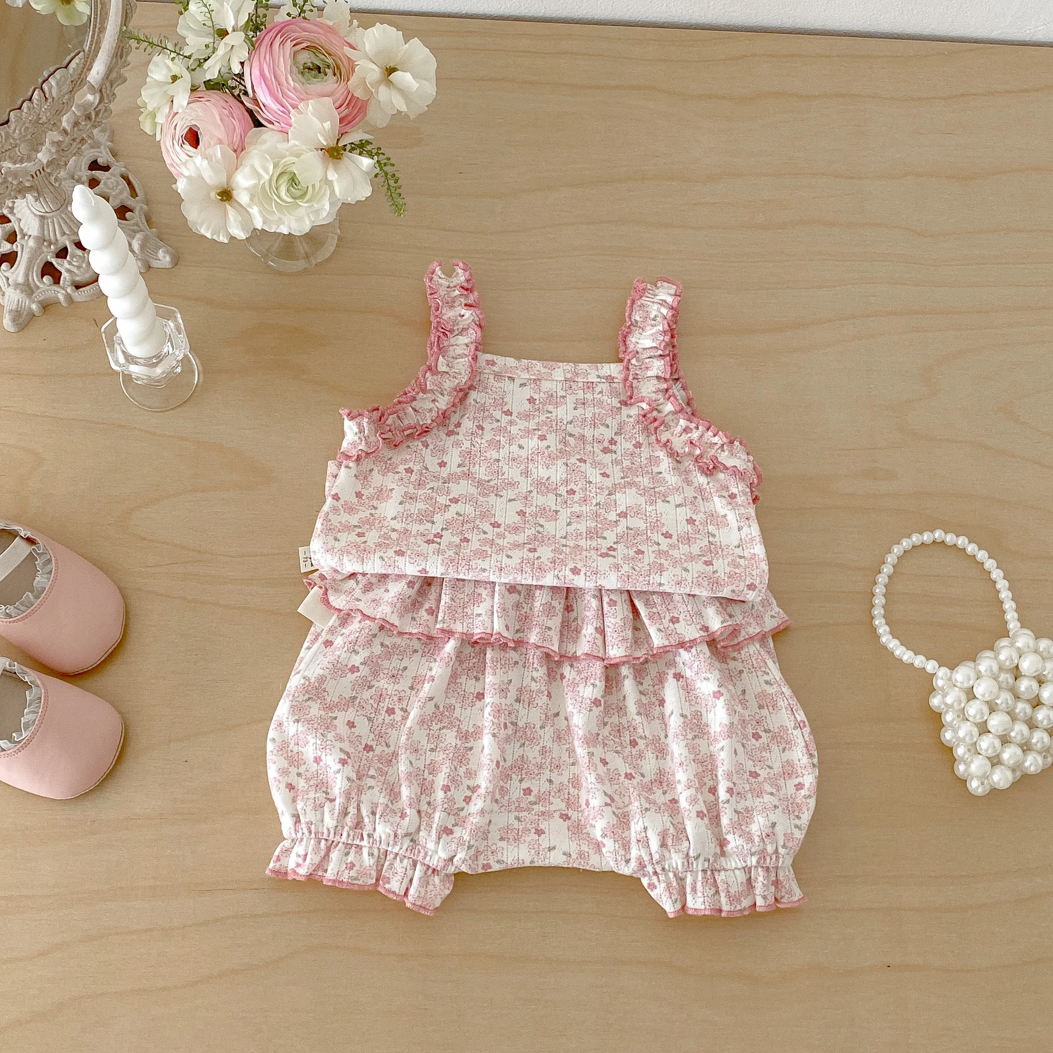 Summer 2026 Baby Girl Halter Dress Set with Floral Print, Sleeveless and Cute Thin Fabric Set for Infants