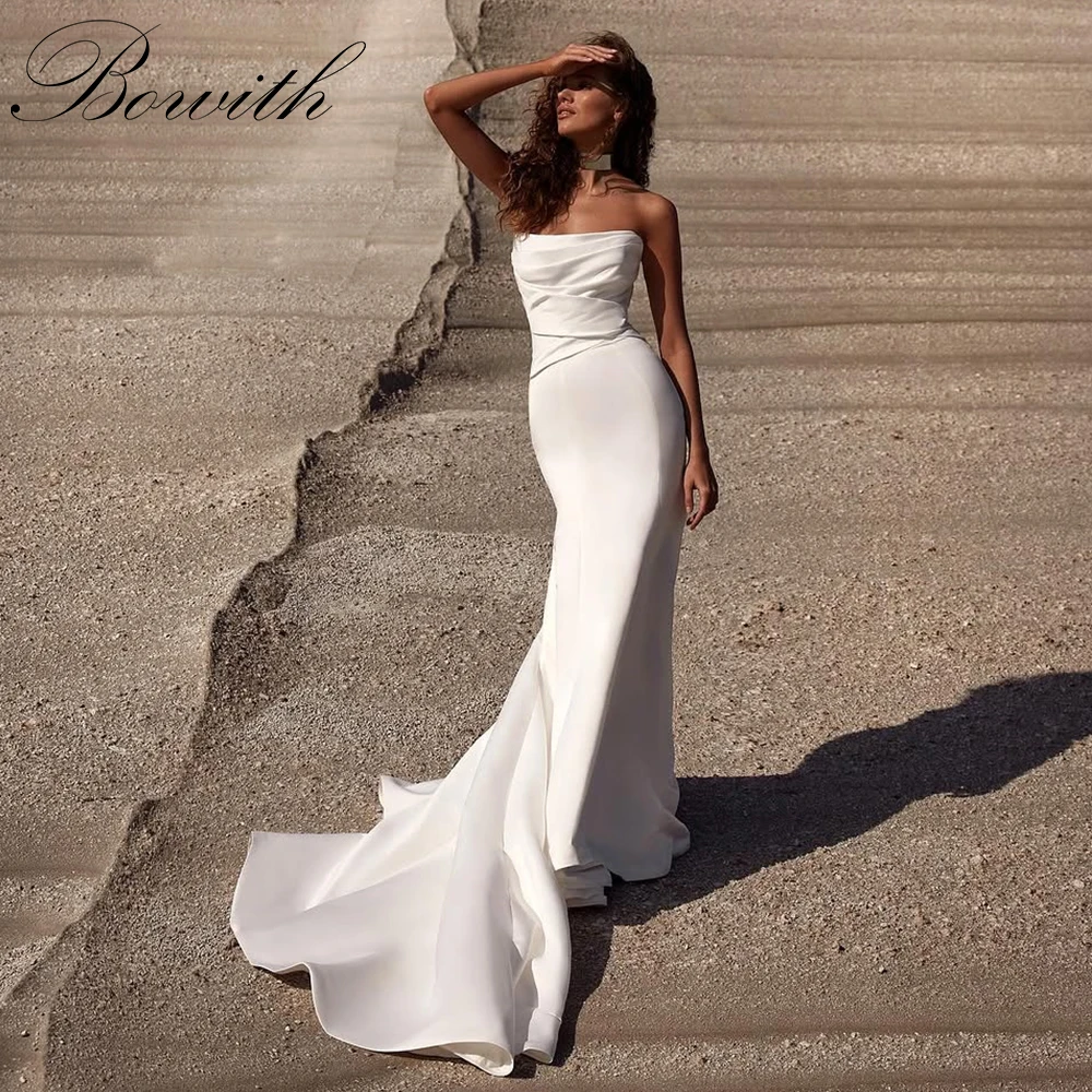 

Bowith Simple Mermaid Slim Fit Wedding Dresses Strapless Floor-Length Soft Satin Bridal Gown Customized vestidos de novia