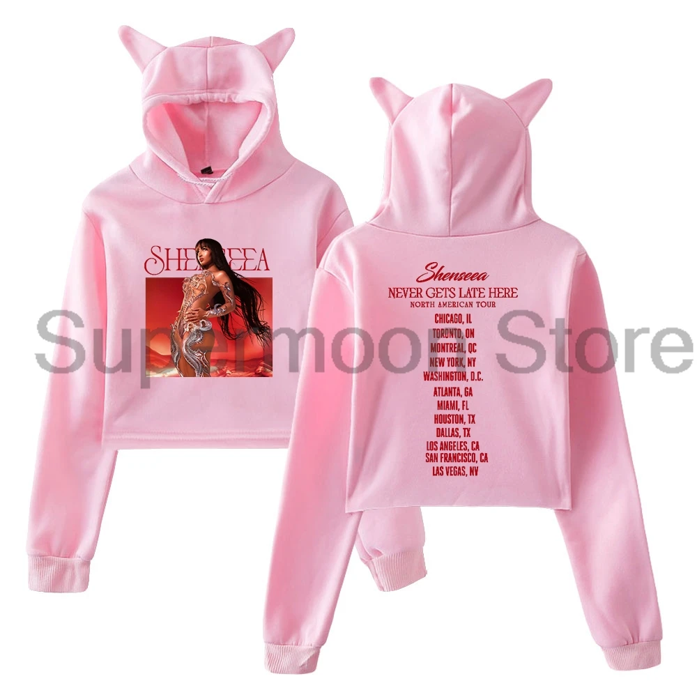 Shenseea Never Gets Late Here Tour Pullover Sweatshirt Female Cat Ears Hoodie Long Sleeve Crop Top Women's Clothes