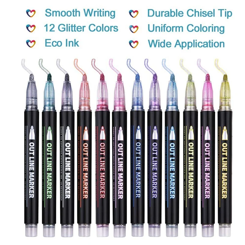 Double Line Outline Pens 12 Colors Outline Metallic Markers Glitter Outline Pens Writing Drawing Pens DIY Art Crafts