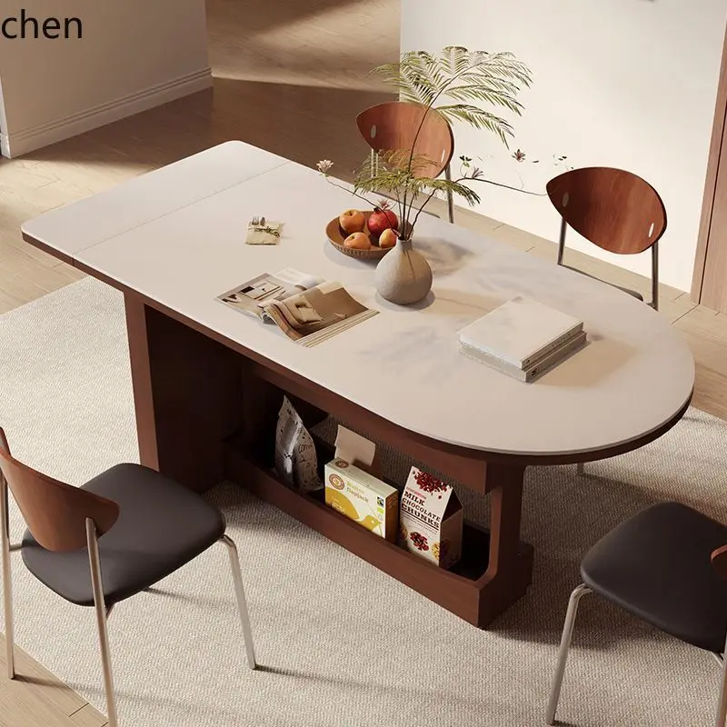 ZML Small Apartment Home Living Room Foldable Extendable Rock Board Dining Table Solid Wood Vintage Semi Oval
