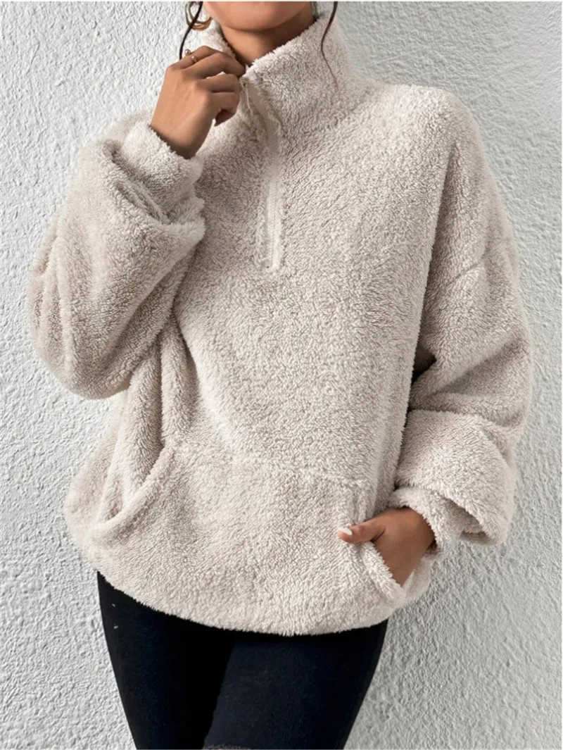 2026 Autumn Winter New Plush Thick Women's Stand Up Collar Half Zipper Pullover Fashion Casual Loose Large Pocket Sweatshirt