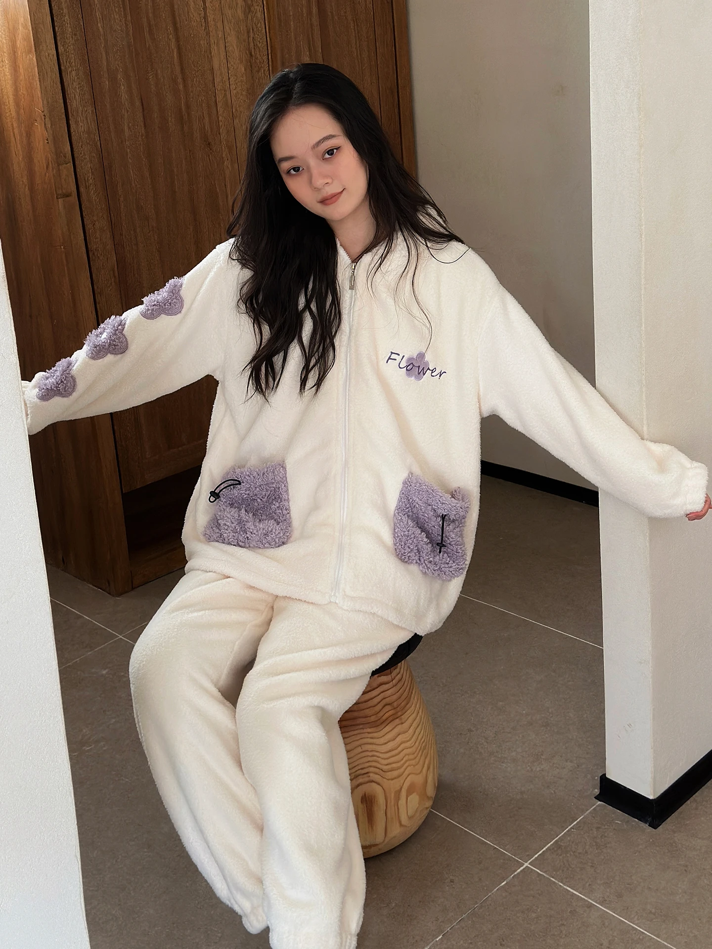 warm-coral-fce-spwear-women's-long-sve-hooded-zipper-plu-home-clothes-winter-set-thiened-flannel-pajamas-set