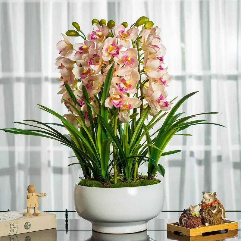 Handmade Silk Artificial Orchid Potted Plant with Realistic Leaves Orange Pot Home Wedding Decoration High Quality Faux