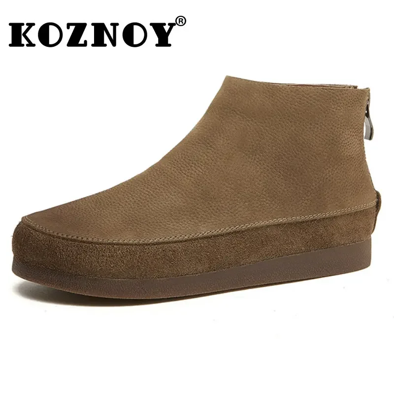 

Koznoy Leather Fur Urban Leather Casual Boots for Women 2cm Genuine Ankle Flats Spring Winter Plush Moccasins ZIP Comfy Shoes