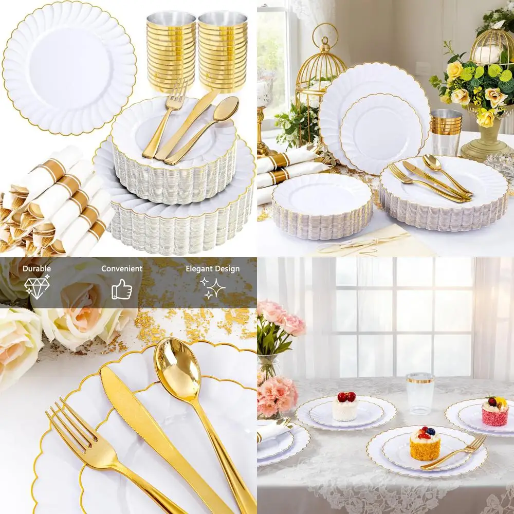 

Набор одноразовой столовой посуды с золотыми зубцами — 100 белых тарелок, 150 золотых столовых приборов, 350 шт. элегантных принадлежностей для вечеринок