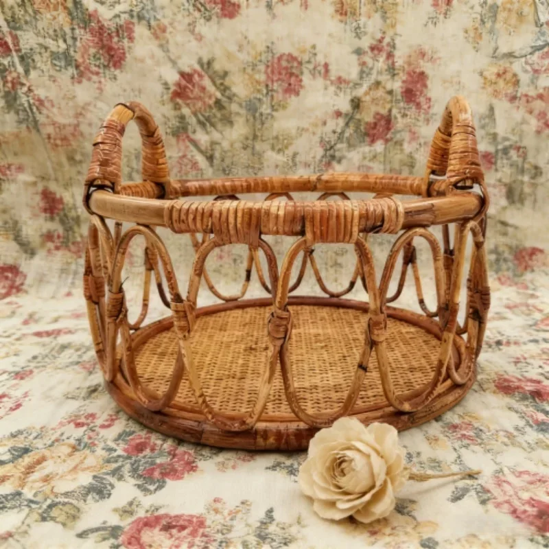 Handmade Vintage Rattan Newborn Photography Props Baby Basket Decor Bed Photo Backdrop for Infant Baby Photo Shoot Studio Props