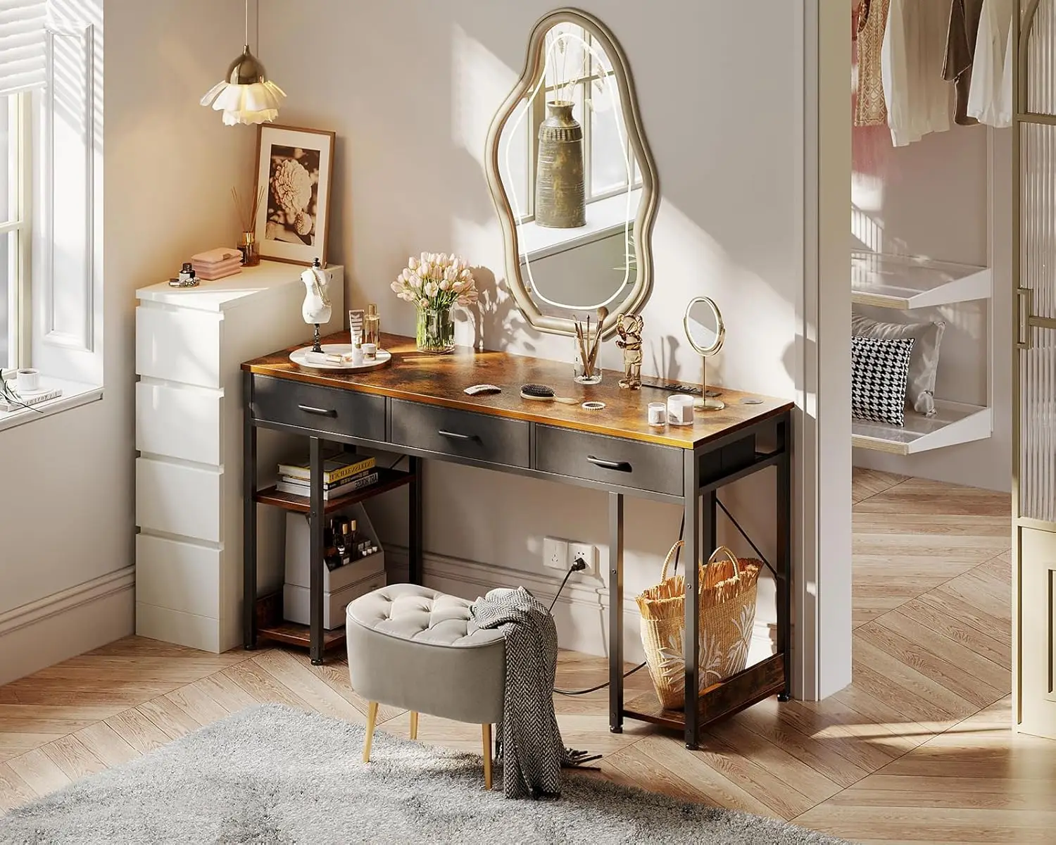 Office Desk with Fabric Drawers & Power Outlets, Computer Desk with Storage Shelves & CPU Stand, Study Table, Writing Desk