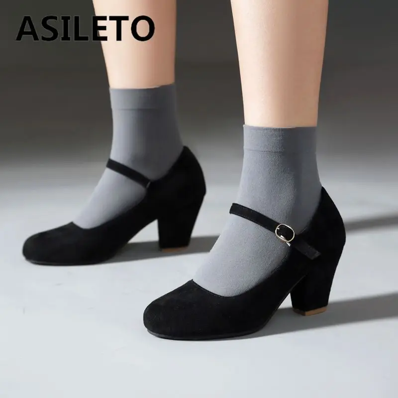 ASILETO Brand Office Lady Classic Shoes 33 Spring Women Pumps Round Toe Chunky Heels 6cm Buckle Strap Flock Large Size 44 45