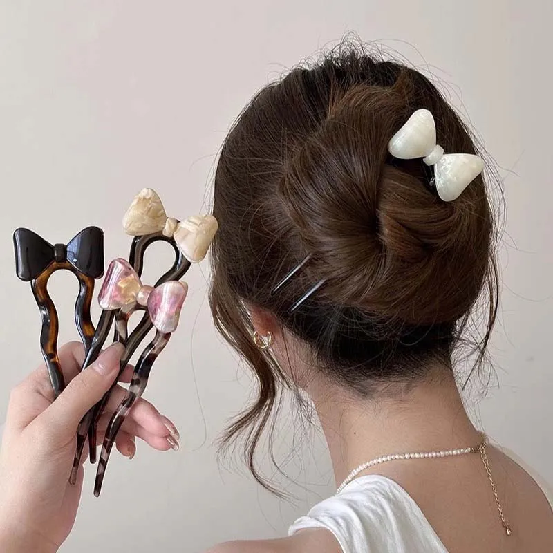 New Chinese Style Bow U-shaped Hairpin Hair Sticks for Women 2024 Vintage Design Wave Updo Hair Clasp Accessories Headdress