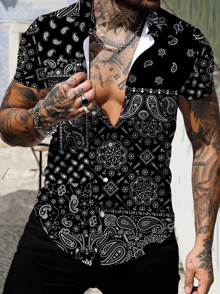 

Fashionable retro ethnic style printed pattern men's shirt summer street trend loose and comfortable casual short sleeved shirt